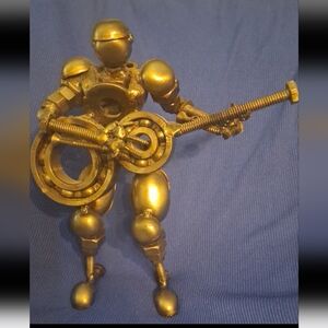 Gold Metal Robot Guitarist Sculpture